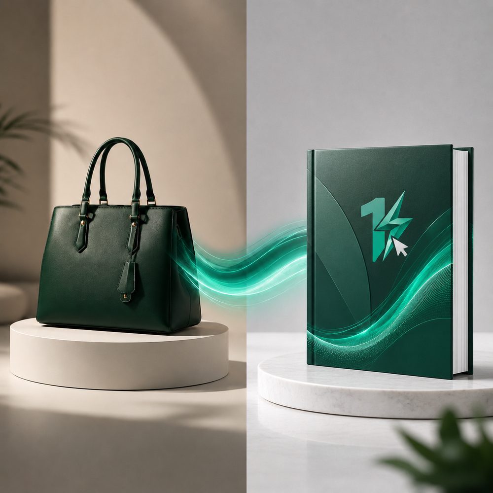Un sac et un livre reliés par un flux lumineux, symbolisant les catalogues physique et digital réunis dans une seule boutique 1clikIA